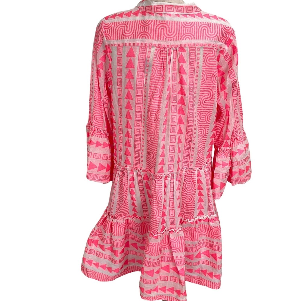 Sumitra‎ Dress Women OSFA Neon Pink Geometric Peasant Boho Tier Resort Kaftan - Picture 4 of 14
